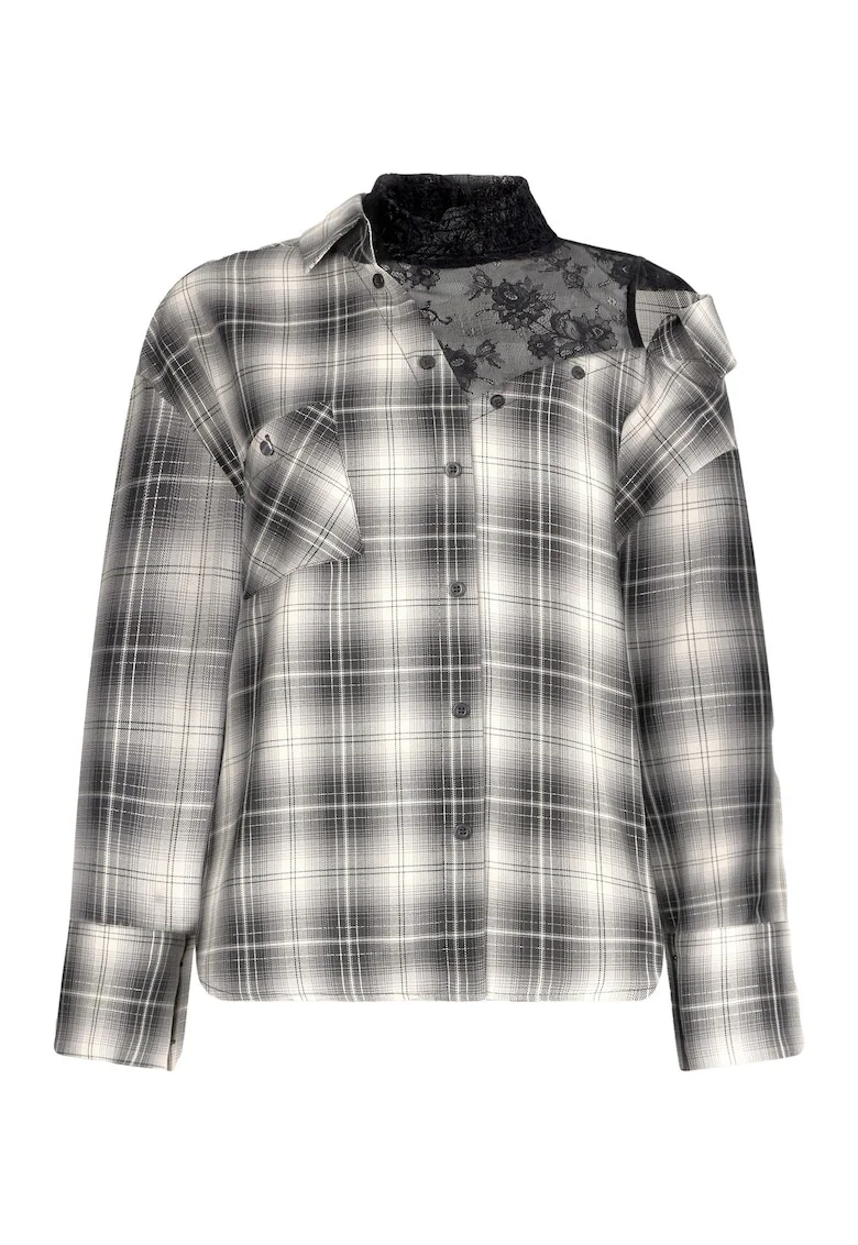 Bluza in carouri cu model 2 in1, Alb/Gri