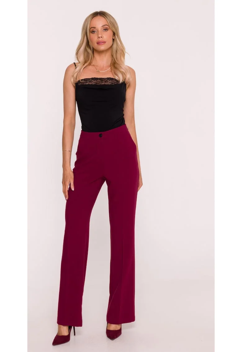 Pantaloni pentru femei, S418 Negru Pantaloni de costum, Talie medie, Picioare drepte, Buzunare laterale, Inchizatoare cu nasture si fermoar ascuns