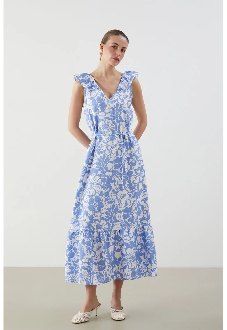 Rochie evazata cu decolteu in V si volane, Albastru pastel/Alb optic