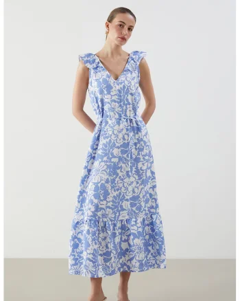 Rochie evazata cu decolteu in V si volane, Albastru pastel/Alb optic
