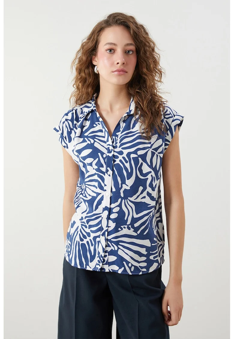 Camasa cu design tropical, Albastru royal/Alb optic