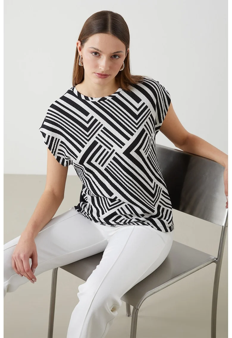 Tricou cu imprimeu frontal si decolteu la baza gatului, Negru/Alb optic