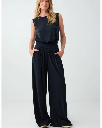 Pantaloni vaporosi din amestec de modal cu croiala ampla, Negru