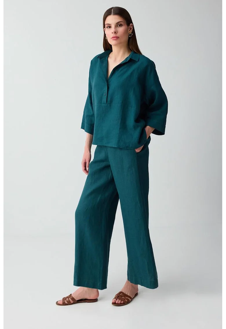 Pantaloni de in cu croiala ampla si buzunare, Verde smarald