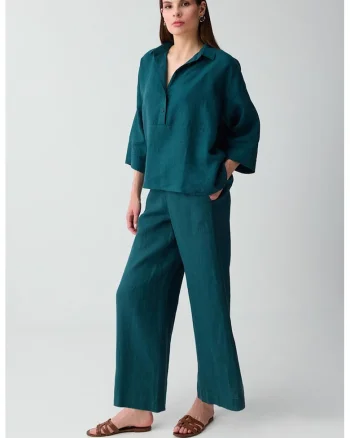 Pantaloni de in cu croiala ampla si buzunare, Verde smarald