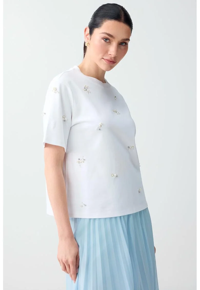 Tricou din bumbac cu perle sintetice, Alb