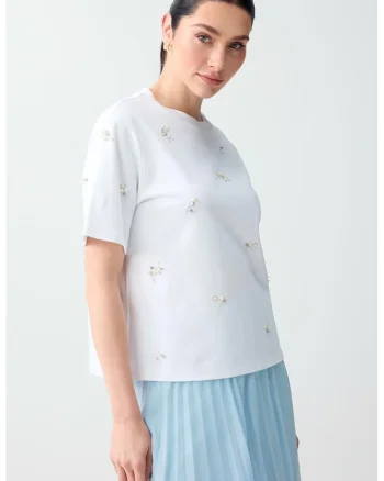 Tricou din bumbac cu perle sintetice, Alb