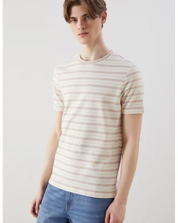 Tricou cu dungi si decolteu la baza gatului, Bej deschis