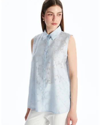 Camasa din dantela cu model floral, fara maneci, Albastru pastel