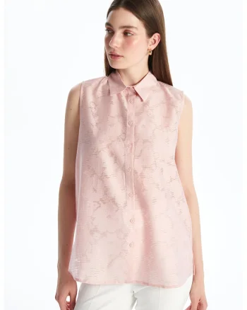 Camasa din dantela cu model floral, fara maneci, Roz pastel