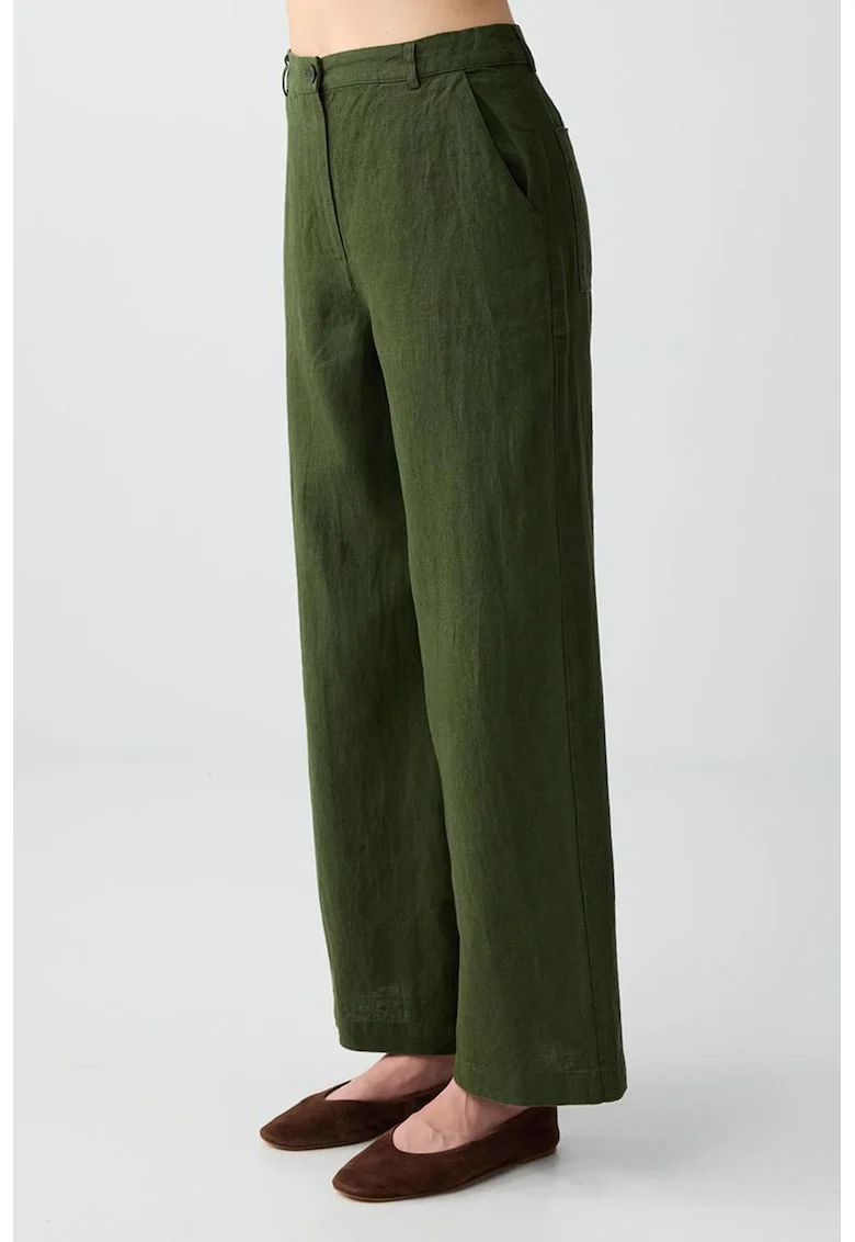 Pantaloni drepti de in cu buzunare, Verde padure