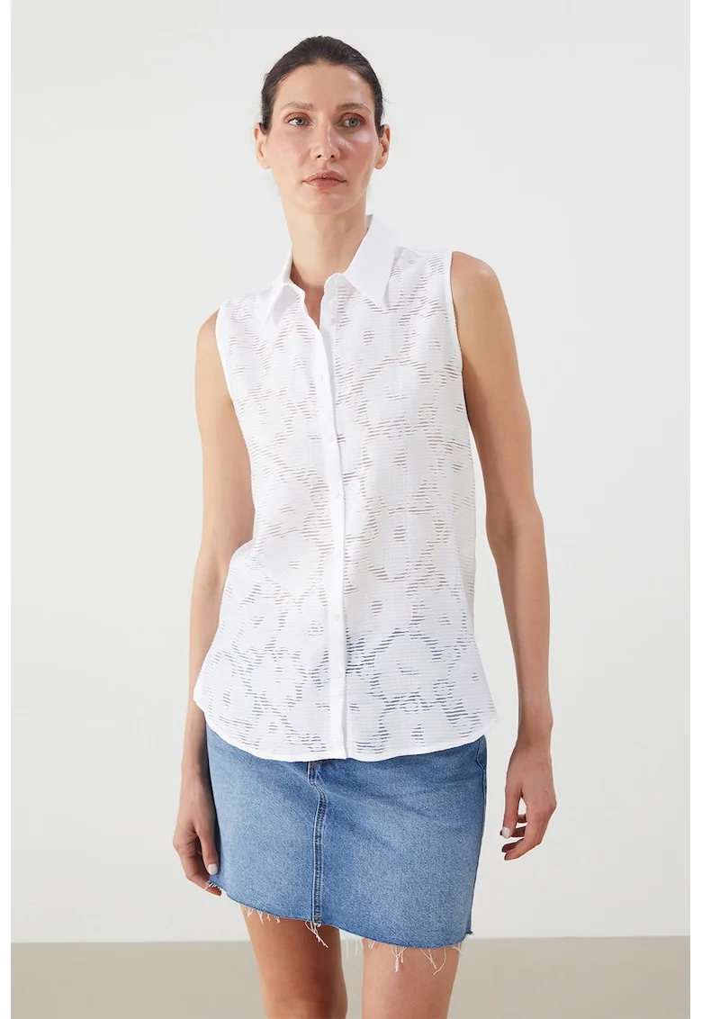 Camasa din dantela cu model floral, fara maneci, Alb optic