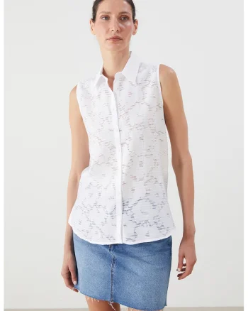 Camasa din dantela cu model floral, fara maneci, Alb optic