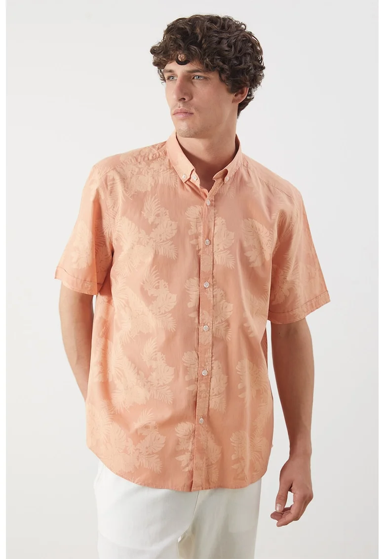 Camasa slim-fit din bumbac cu model frunze, Portocaliu