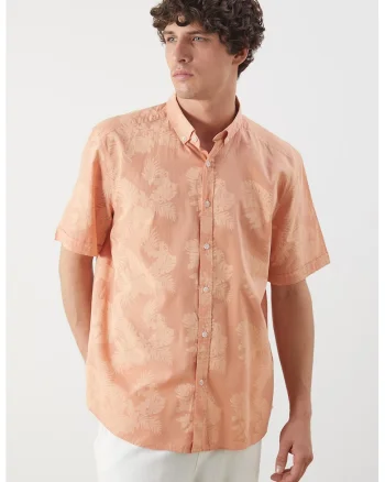 Camasa slim-fit din bumbac cu model frunze, Portocaliu