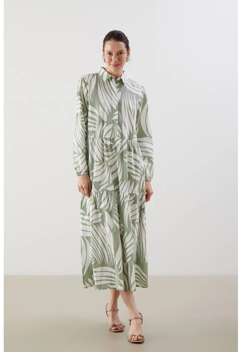Rochie-camasa cu model, Verde pal/Alb optic