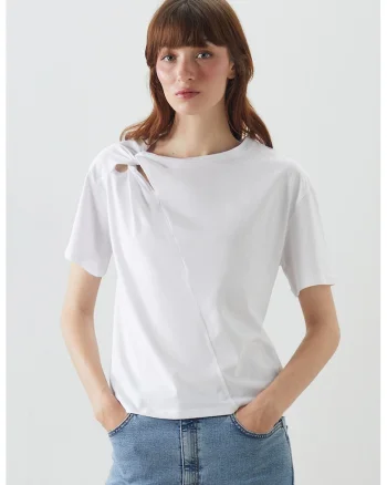 Tricou din bumbac cu decupaj, Alb optic