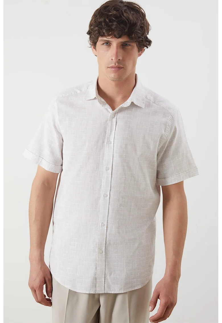 Camasa slim-fit din bumbac cu maneci scurte, Alb murdar