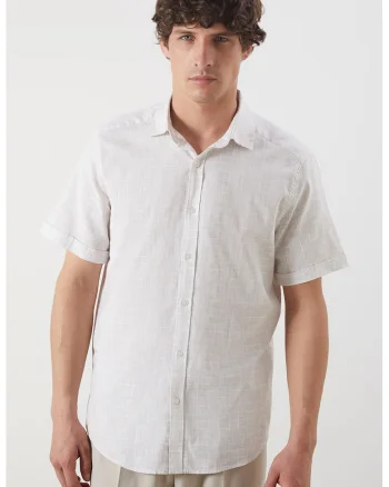 Camasa slim-fit din bumbac cu maneci scurte, Alb murdar