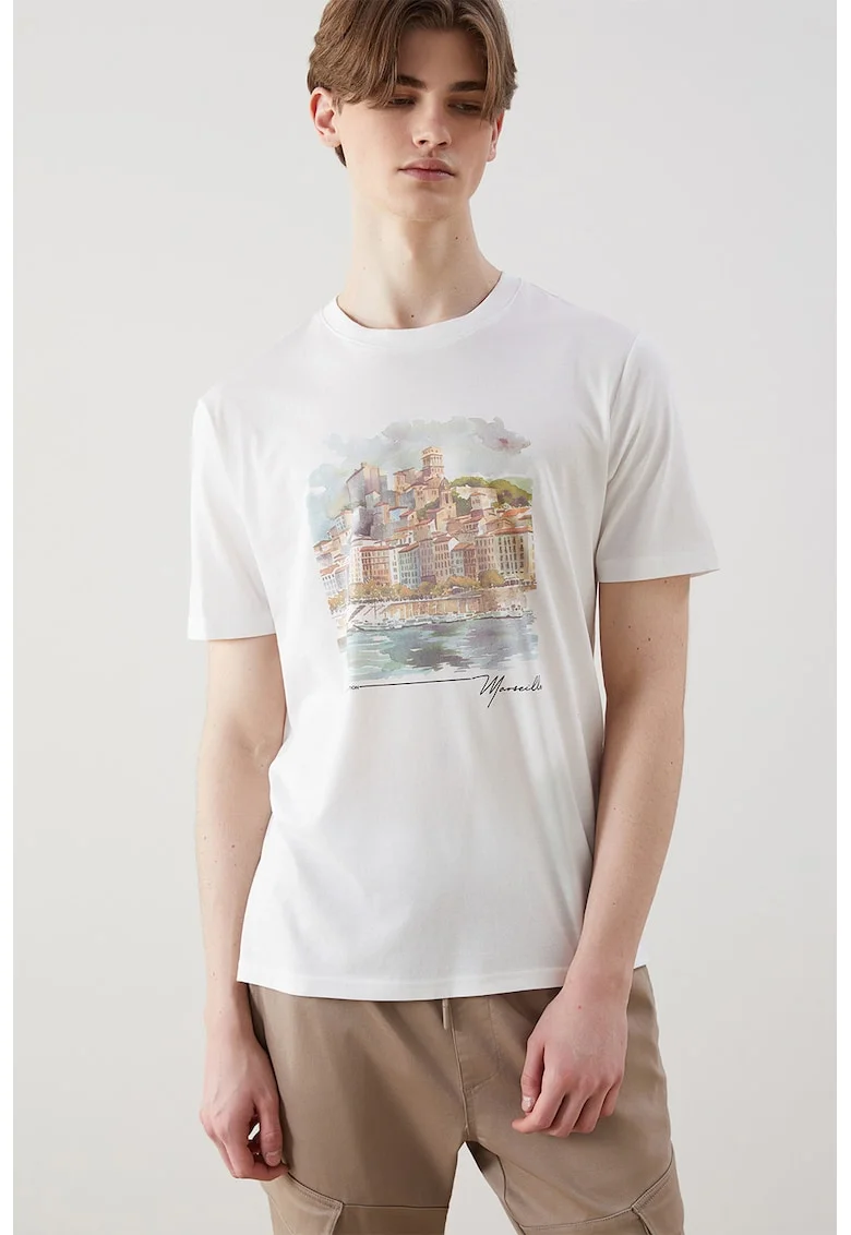 Tricou cu imprimeu grafic, Alb murdar