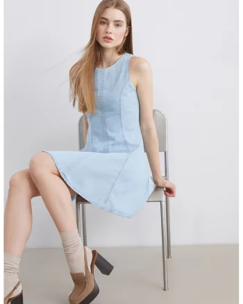 Rochie evazata cu decolteu rotund, Albastru pastel