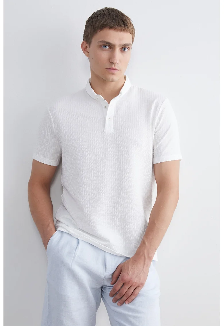 Tricou texturat cu guler polo, Alb optic