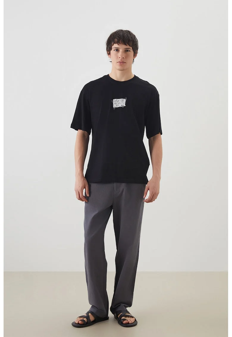 Pantaloni relaxed-fit din bumbac si in, Gri antracit