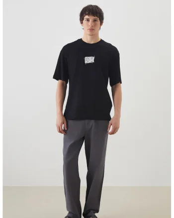 Pantaloni relaxed-fit din bumbac si in, Gri antracit