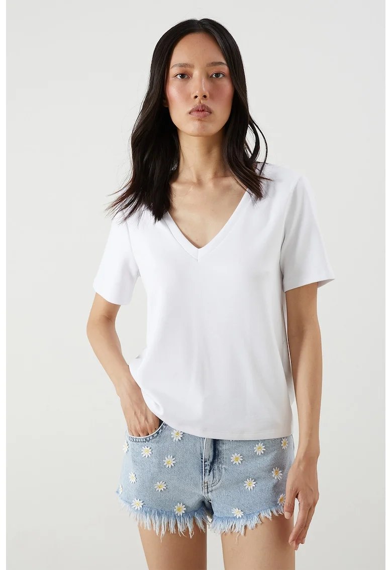 Tricou uni cu decolteu in V, Alb optic