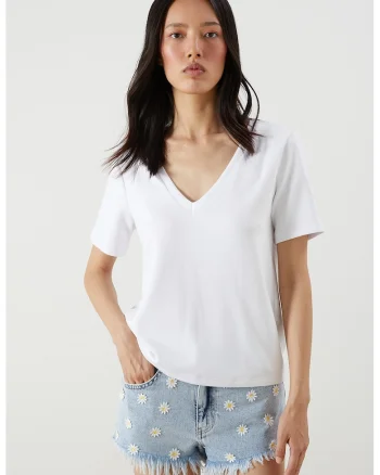 Tricou uni cu decolteu in V, Alb optic