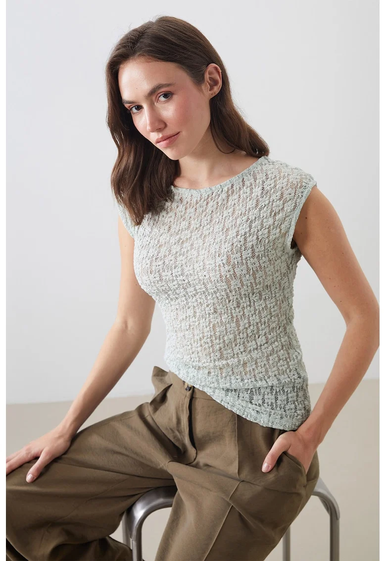 Bluza clasica cu dantela crosetata cu guler rotund, Verde pal