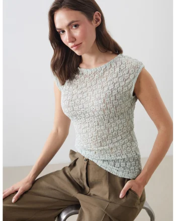 Bluza clasica cu dantela crosetata cu guler rotund, Verde pal