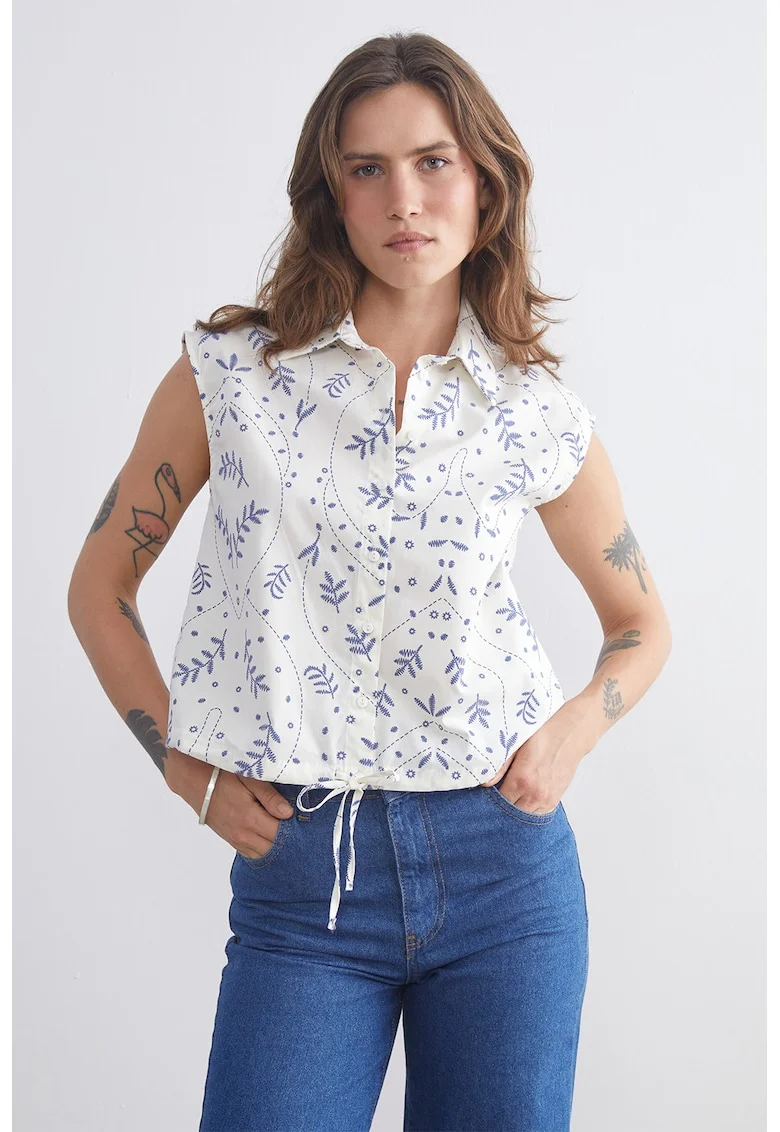 Camasa cu model floral, fara maneci, Albastru lavanda/Alb optic