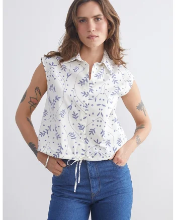 Camasa cu model floral, fara maneci, Albastru lavanda/Alb optic