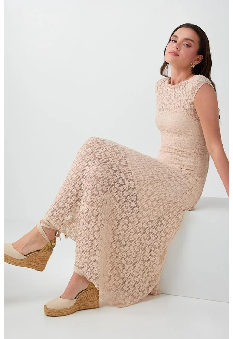 Rochie midi cu croiala evazata, Bej