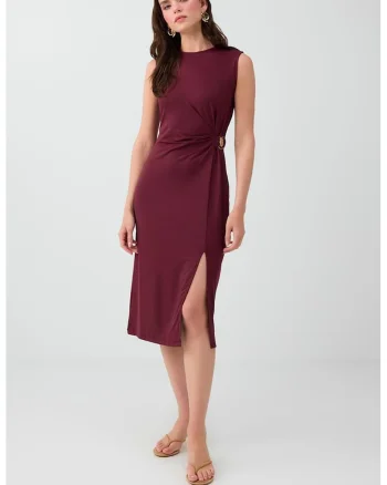 Rochie midi cu slit lateral, Visiniu