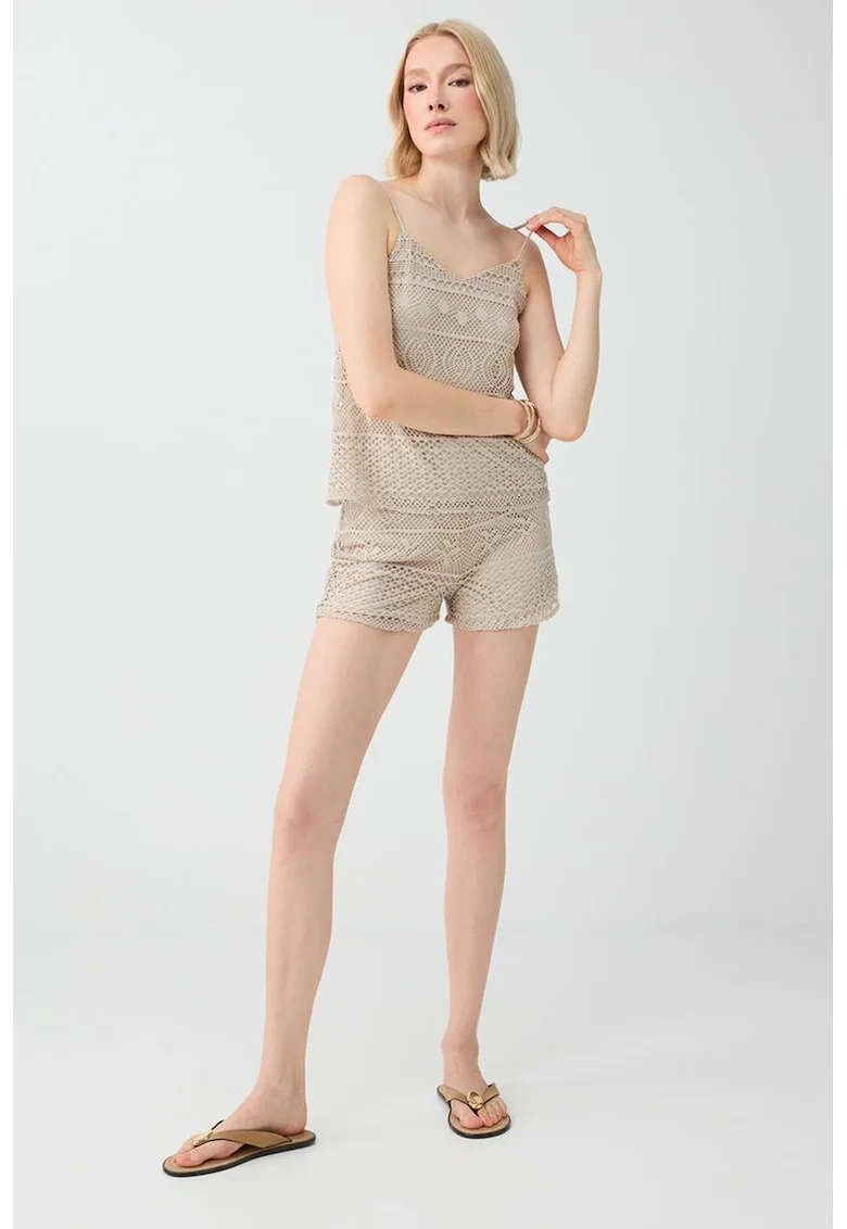 Pantaloni scurti din dantela crosetata, Maro taupe deschis