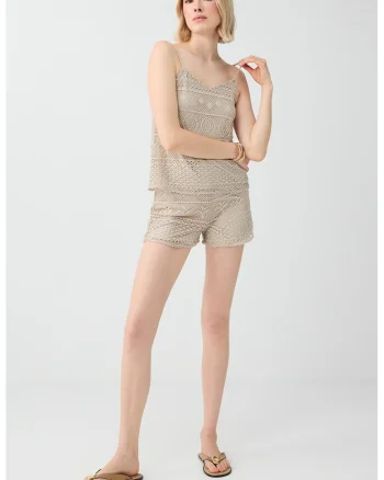 Pantaloni scurti din dantela crosetata, Maro taupe deschis