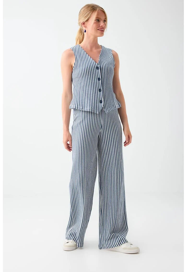 Pantaloni de bumbac cu model herringbone, Alb/Albastru inchis