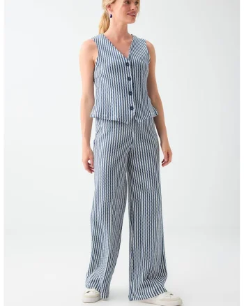 Pantaloni de bumbac cu model herringbone, Alb/Albastru inchis