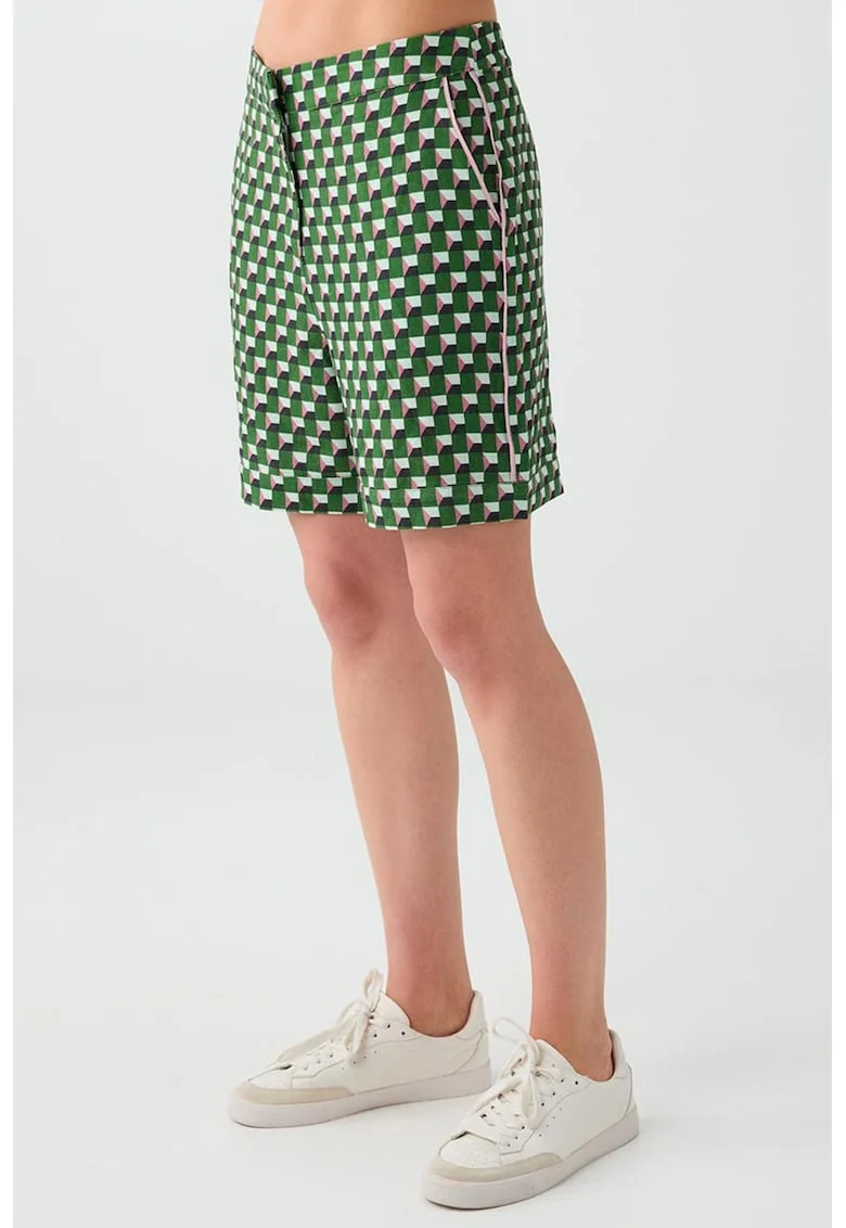 Pantaloni scurti din amestec de in cu model geometric, Verde/Roz