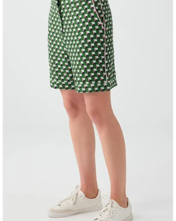 Pantaloni scurti din amestec de in cu model geometric, Verde/Roz