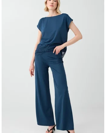 Pantaloni relaxed fit cu talie medie, Albastru inchis