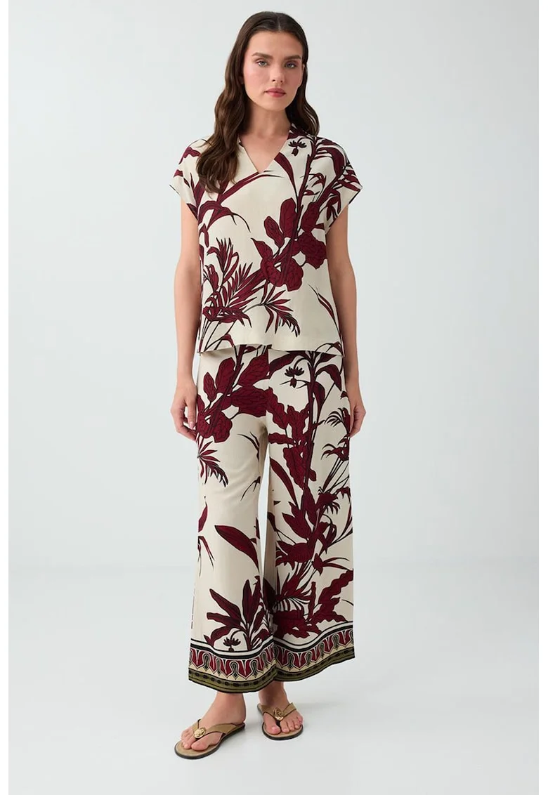 Pantaloni cu croiala ampla si model floral, Bej/Rosu inchis