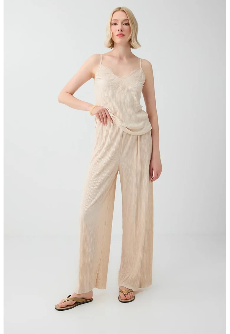 Pantaloni striati cu croiala ampla, Bej