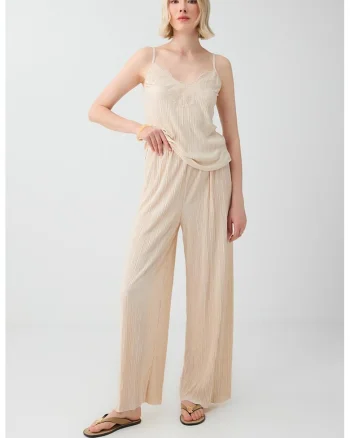 Pantaloni striati cu croiala ampla, Bej