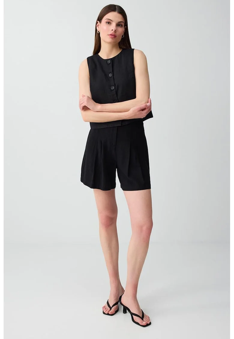 Pantaloni scurti din amestec de in cu pliuri, Negru