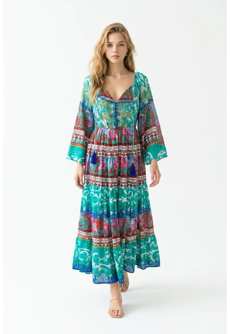 Rochie lunga din poplin imprimat