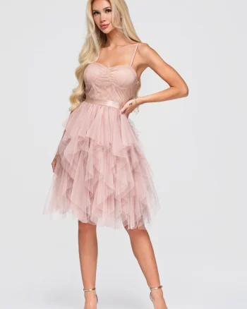 Rochie cocktail midi cu decolteu patrat, guler tip corset LA-OM-DLR398, Bej