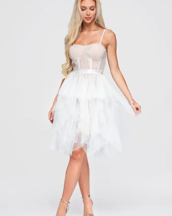 Rochie cocktail midi cu decolteu patrat, guler tip corset LA-OM-DLR398, Alb